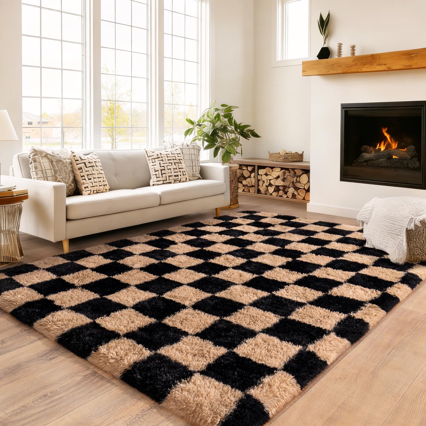 Checkered Rug 4x6 for Bedroom, Ultra Fluffy Shag Area Rugs for Living Room, Upgrade Anti-Skid High Pile Soft Rug Fuzzy Carpet for Living Room Bedroom Kids Room Nursery, Dorm Home Decor, Black & Beige