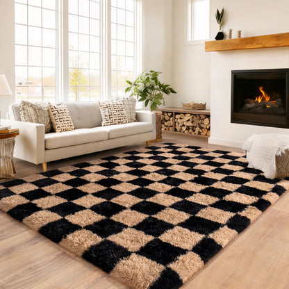 Checkered Rug 4x6 for Bedroom, Ultra Fluffy Shag Area Rugs for Living Room, Upgrade Anti-Skid High Pile Soft Rug Fuzzy Carpet for Living Room Bedroom Kids Room Nursery, Dorm Home Decor, Black & Beige