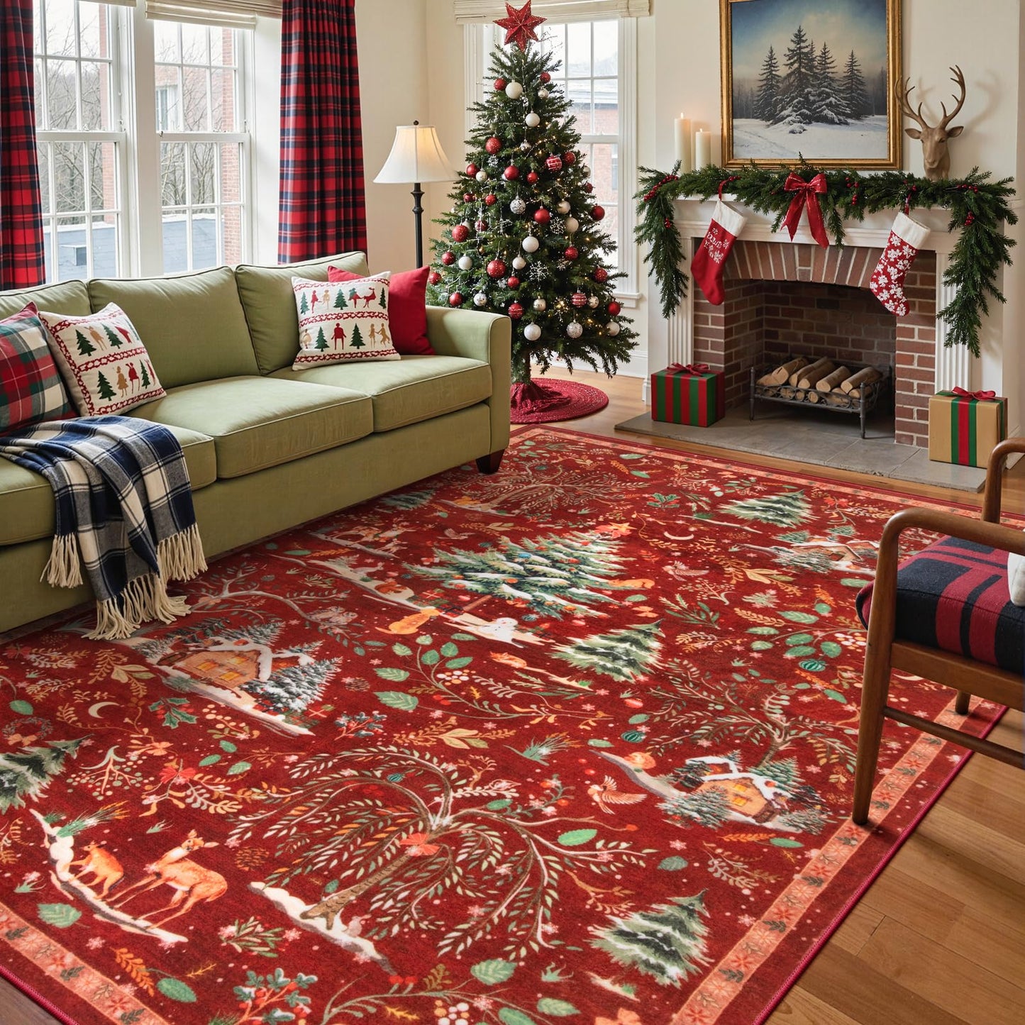 Lahome Christmas 8x10 Area Rug, Washable Soft Large Rug for Living Room, Non Slip Low Pile Bedroom Rug Xmas Tree Indoor Floor Carpet for Dining Room Winter Holiday Decor, Red