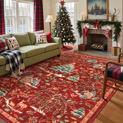 Lahome Christmas 8x10 Area Rug, Washable Soft Large Rug for Living Room, Non Slip Low Pile Bedroom Rug Xmas Tree Indoor Floor Carpet for Dining Room Winter Holiday Decor, Red