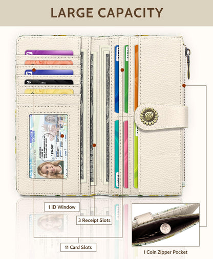 GIANCOMICS Highland Cow Womens Wallet RFID Blocking, Sunflower Credit Card Holder Bifold, PU Leather Travel Billfold, Long Cute Cash Purse, Zipper Coin Pocket Clutch, 11 Card Slot, Ladies Gift Woman