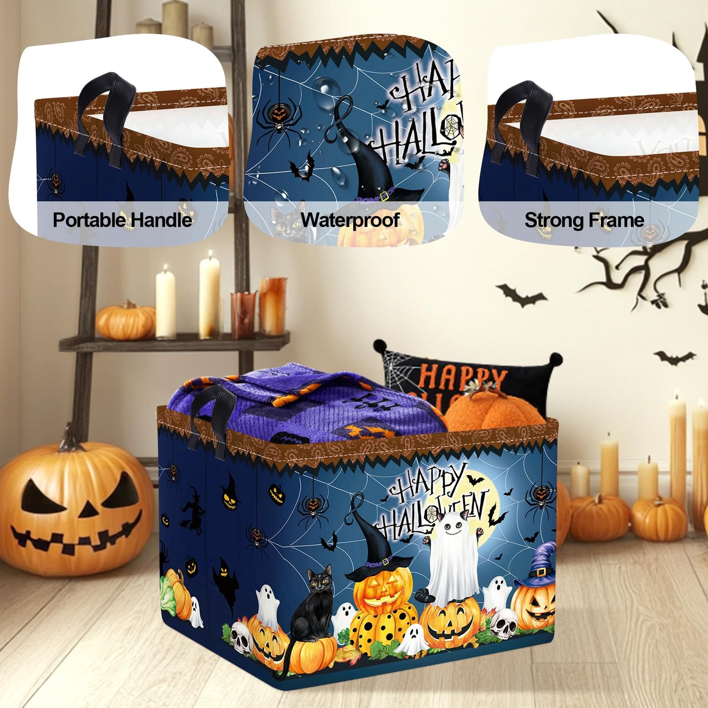 HUUMONSS Halloween Baby Storage Basket Ghost Bat Pumpkin Collapsible Clothes Kids Laundry Hamper Large Boys Girls Gift Toy Box Bin for Nursery Room,Hat Witch,40*30*30 cm