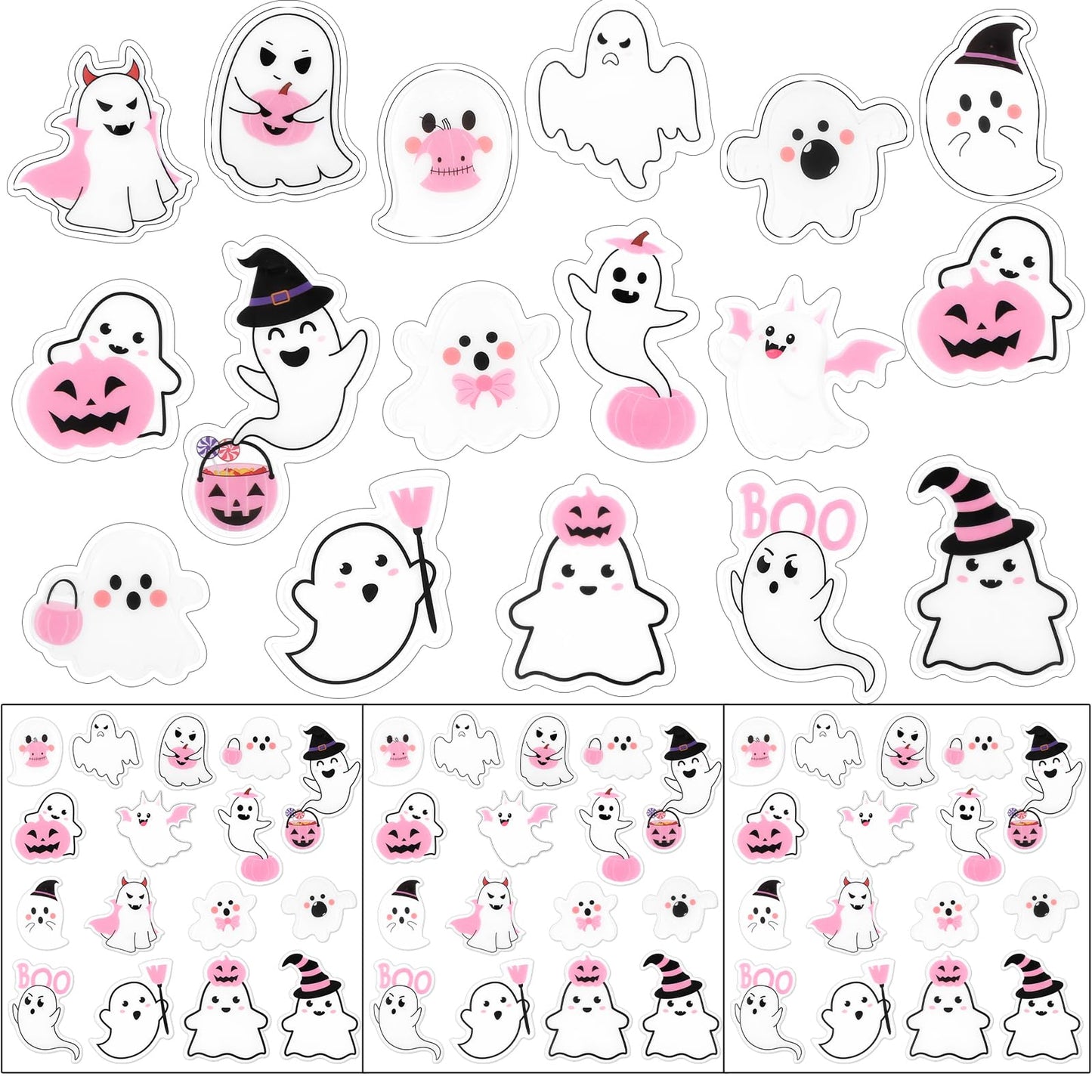 AmazingSpark 60 Pcs 3 Sheet Pink Halloween Thick Gel Window Clings Cute Ghost Pumpkin Boo Witch Gel Decal Stickers for Halloween Party Home Window Door Decor