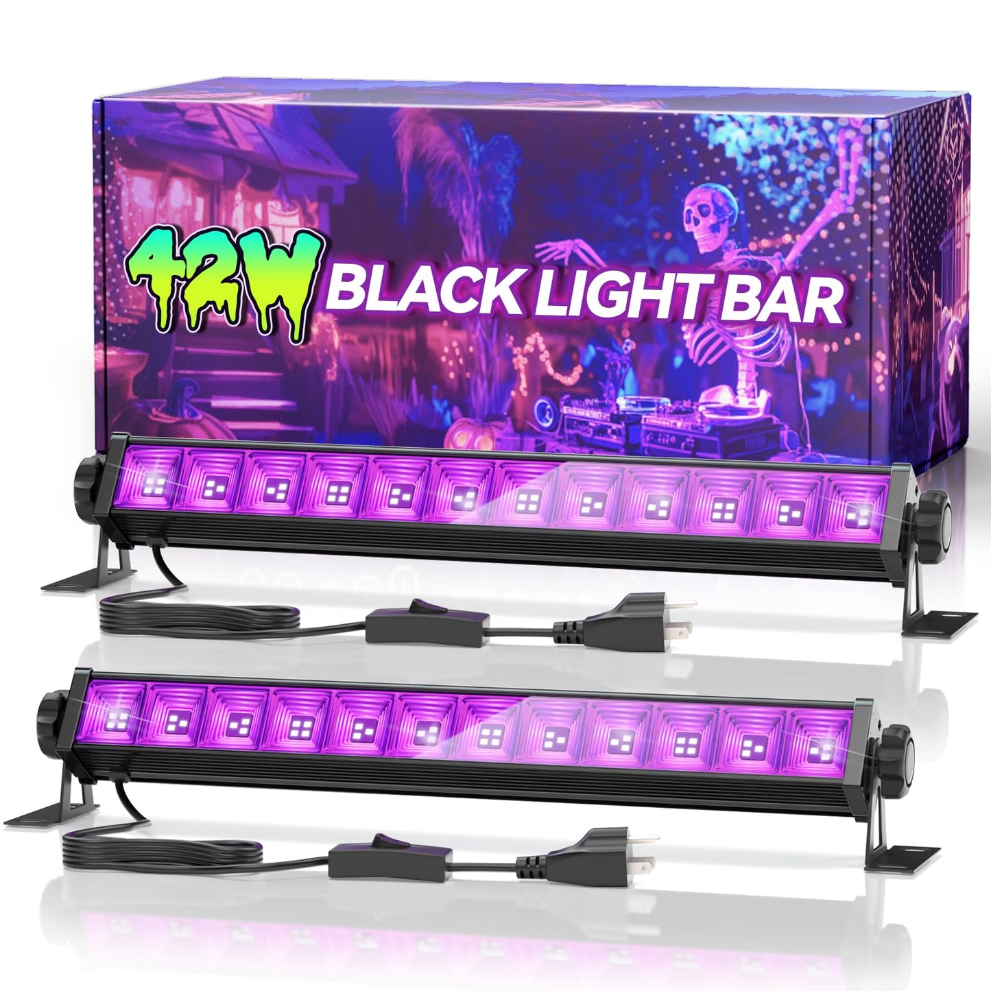2 Pack 42W LED Black Light Bar, Blacklight with 6FT Cord+Switch+Plug, Glow in The Dark Black Lights Party Supplies for Halloween Decorations, Fluorescent Poster, Body Paint, Classroom, Bedroom