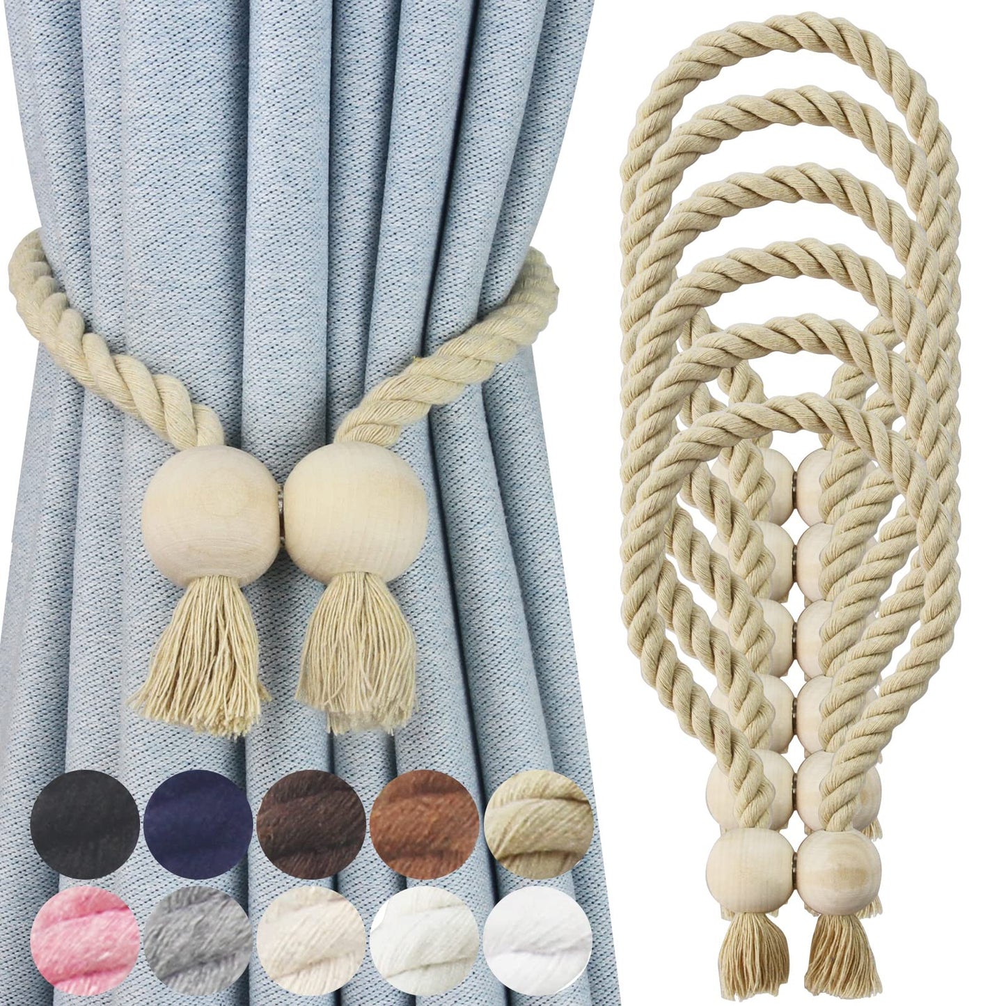 Nieffeiy 6 Pack Magnetic Curtain Tiebacks Cotton Hand Woven Tie Back Decorative Rope Holdbacks for Curtains Draperies No Tools Required, Dark Beige