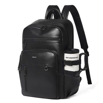 Shrrie Vegan Leather Laptop Backpack for Women,17 Inch Computer Backpack Purse for Work Business College Travel Teacher Nurse with Anti-theft Pocket & Giant Tumbler Holder Pocket,Black