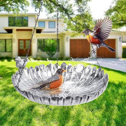 VCUTEKA Hanging Bird Baths for Outdoors, Metal Bird Bath for Outside Birdfeeder for Garden, Patio, Back Yard Decoration, Silver