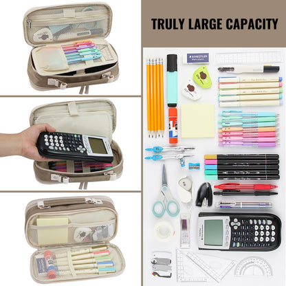 JOINPRO Large Capacity Pencil Case, 4 Compartment Pen Pouch Organizer with Double Zipper, Storage Bag for School, Office, Teen Girl Boy Men Women (Brown)