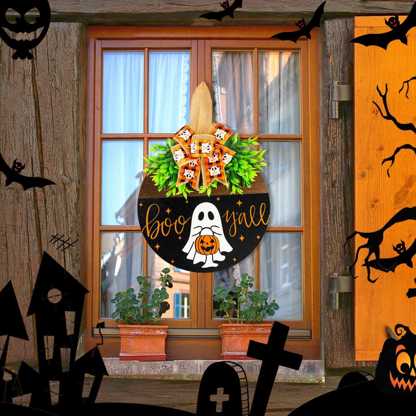 Halloween Wooden Welcome Sign for Front Door Hanging Spooky Ghost Boo Yall Sign with Bow Halloween Wooden Door Hangers Wreath for Farmhouse Home Window Outdoor Wall Party Decoration Supplies