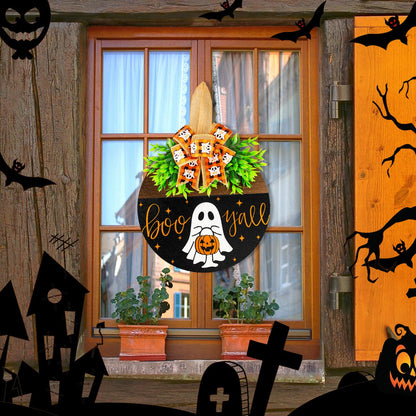 Halloween Wooden Welcome Sign for Front Door Hanging Spooky Ghost Boo Yall Sign with Bow Halloween Wooden Door Hangers Wreath for Farmhouse Home Window Outdoor Wall Party Decoration Supplies