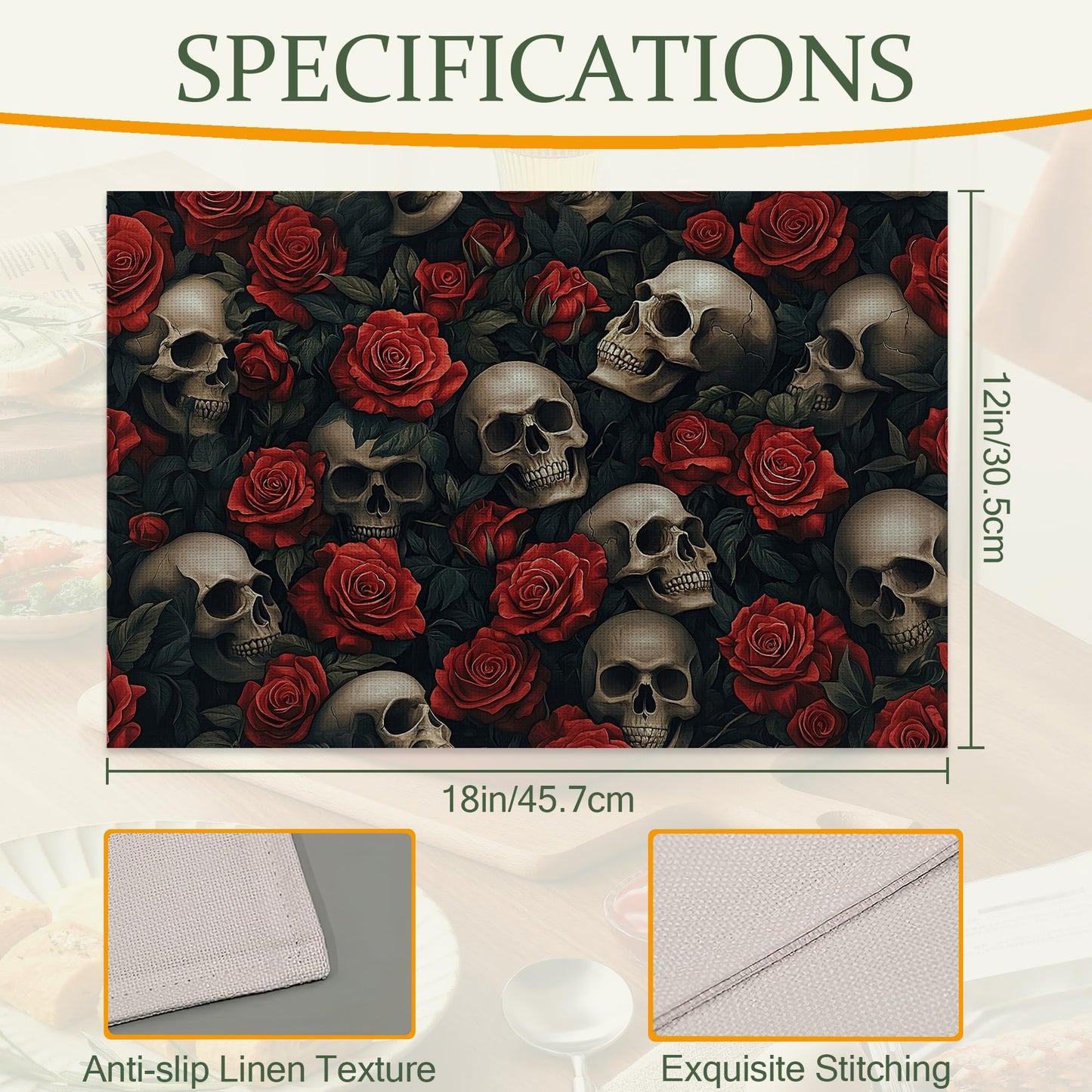 Cloth Placemats,Gothic Skull Fabric Placemats Set of 6,Washable Halloween Red Rose Flower Table Mats,Decorative Place Mats for Dining Home Kitchen Holiday Party 11.8x17.7 Inch
