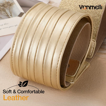 VONMELLI Women's Elastic Leather Wide Belts for Dresss Stretchy Waist Belt Fashion Ladies Corset Belts, Gold M