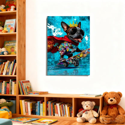 16x24 Graffiti Blue Skateboard Bulldog Canvas Wall Art Gallery Framed Poster Cartoon Dog Watercolor Painting Child Animals Bedroom Pictures Funny Pop Home Decor Teen Boy Kids Room Bathroom Prints