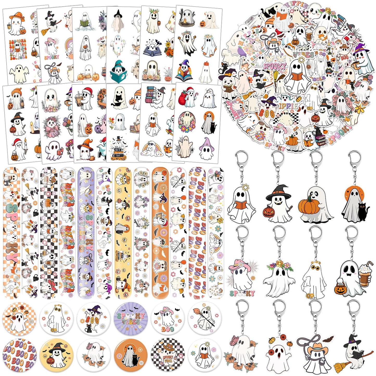 YYMYMGJ 108 PCS Halloween Ghost Party Favors, Cute Ghost Temporary Tattoos Slap Bracelets Stickers Keychains Badges for Halloween Ghost Birthday Party Decorations Supplies