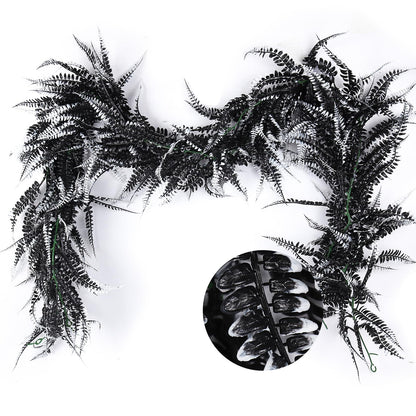 RECUTMS 2pcs Black Garland Artificial Boston Palnts 6 FT Fern Garland Faux Hanging Greenery Halloween Wreath for Outdoor Indoor Halloween Decor (Black White)