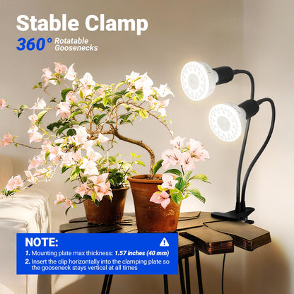 Barrina Orbgrow OG11A2 Clip On Grow Lights for Indoor Plants, Integrated Stepless Dimming & Timing, 4000K 22W(2 x 11W, 200 Watt Equiv), Full Spectrum 2-Gooseneck with E26 Plant Light Bulbs