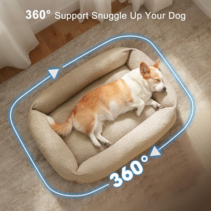 FURTIME Washable Dog Bed Extra Large Sized Dogs, Washable Comfy Fluffy XL Dog Bed, Removable Zipper Cover Machine Wash, Durable Sleeping Pet Cuddler Bed with Anti-Slip Bottom, 42x30x8 in, Beige