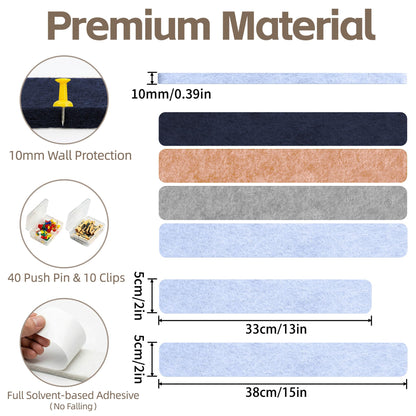 GoTiling Cork Board for Walls - 8 Pack Felt Pin Board Bar Strips - Self-Adhesive Lightweight Bulletin Board - Cork Board for Office with 40 Push Pins No Damage for Wall