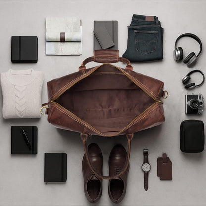 Genuine Leather Duffle Bag for Men & Women – Stylish Travel Weekender Bag with Shoulder Strap – Overnight, Gym, or Carry-On Luggage Bag - Mulburry Brown