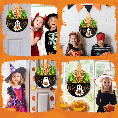 Halloween Wooden Welcome Sign for Front Door Hanging Spooky Ghost Boo Yall Sign with Bow Halloween Wooden Door Hangers Wreath for Farmhouse Home Window Outdoor Wall Party Decoration Supplies