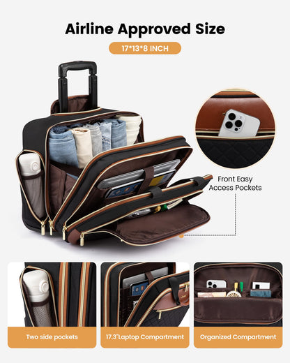 LOVEVOOK Rolling Laptop Bag Women, 17.3 Inch Laptop Briefcase with Wheels, Soft Sided Underseat Carry On Luggage Personal Item Suitcase for Work Travel Business, Black Brown