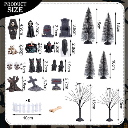 Liliful 32 Pcs Halloween Village Miniature Town Accessories Set Halloween Figurines Spooky Bare Branches Tombstones Skeleton Skulls Resin Horror Village Collections for Party Town Decorations