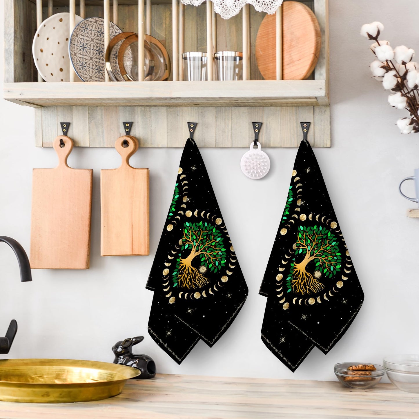 Wovoto Black Kitchen Dish Towel Set of 2, Ancient Life Tree Decorative Tea Towels Hand Towels for Kitchen Bathroom Farmhouse Bar Decor, Moon Luna Hippy Decor Drying Cloth