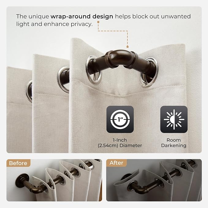 Zeerobee Curtain Rods for Windows 48 to 84, 1 Inch Industrial Wrap Around Antique Bronze Curtain Rod, Indoor/Outdoor Room Divider Adjustable Drapery Pole, 48"-86"
