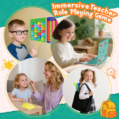 Alritz Pretend Play Teacher Set, School Stuff, Role Play Preschool Learning Activities Classroom Set for Girl Boys Include Dolls, Toy Laptop, Black Board, Birthday Gift 5 6 7 8 9+ Years Old