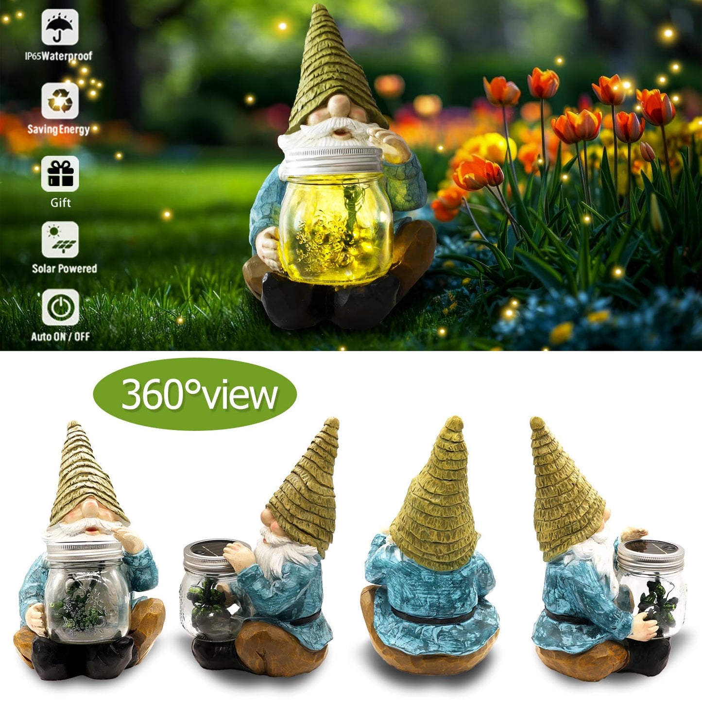 Vcdsoy Solar Firefly Jar Gnome Resin LED Garden Statue