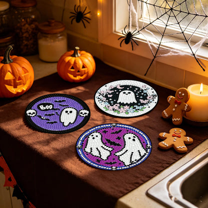 KYOQFVN 8 PCS Halloween Diamond Art Coasters, Ghost Diamond Painting Coasters with Holder Cork Pad, Diamond Dots Art Painting Coasters Crafts Kit for Home Wall Decor (Ghost Theme)