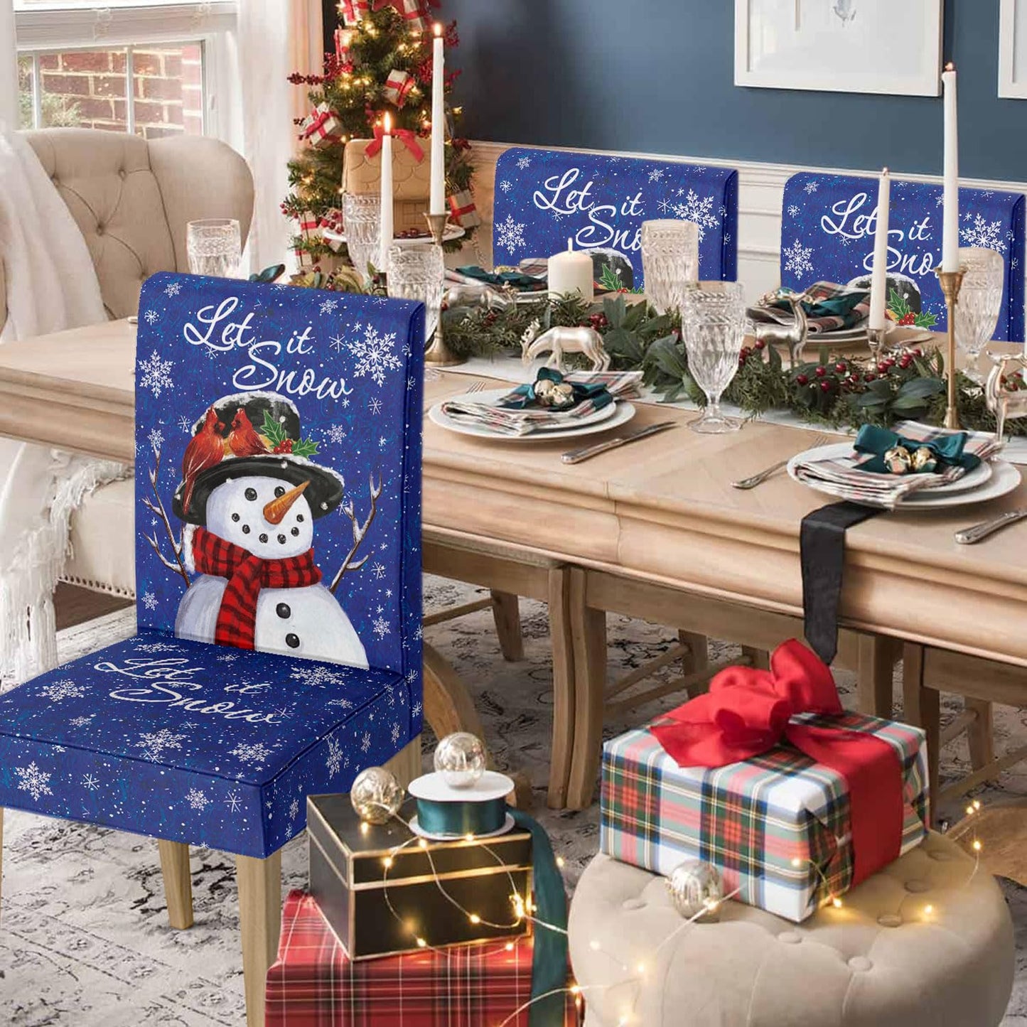 Horaldaily 4PCS Christmas Dining Chair Covers,Blue Snowman Let It Snow Stretch Removable Washable Slipcover Chair Protector for Dining Room Home Decor