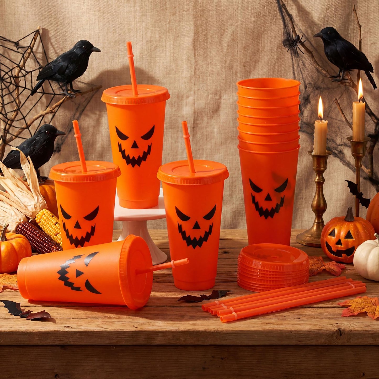 Honeydak 12 Pcs Summer Halloween Pumpkin Plastic Cups 24 oz Reusable Jack O Lantern Pumpkin Tumblers with Lids and Straws for Hot/cold Drinks for Iced Coffee Home Office Decoration Party Favors