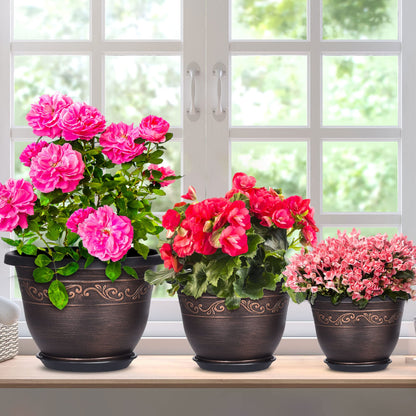 Plastic-Plant-Flower-Planters-10 Inch With Drainage Hole & Saucer, 3 Packs Lightweight Small Resin Flower Pot Indoor Outdoor, Retro Antique Imitation Decorative Garden Containers Sets For Houseplants