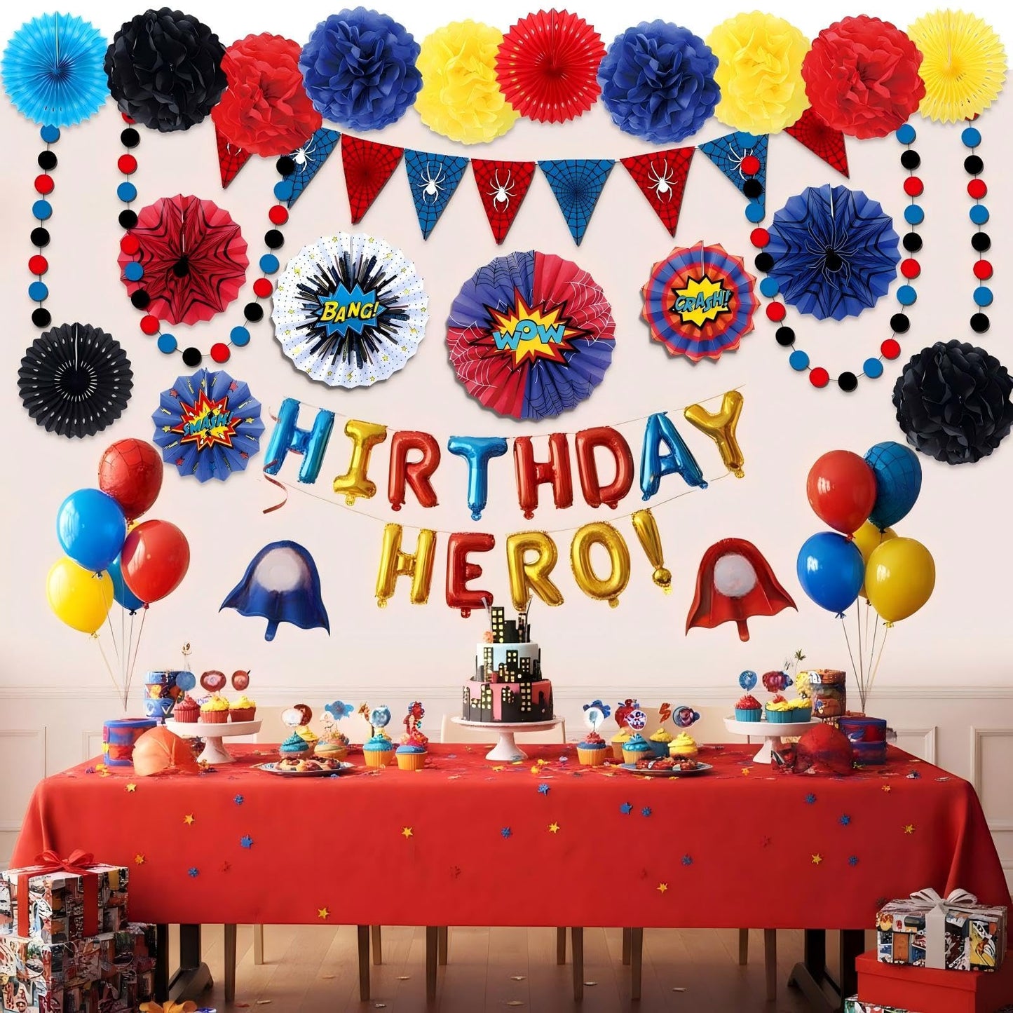 Blosssound 26 Pieces Spider Birthday Party Decorations - Paper Fans, Pompom Paper Flowers, Pre-Strung Pennant Banner, Dots Garland, Cards Set for Spider Web Super Themed Party Decor Supplies
