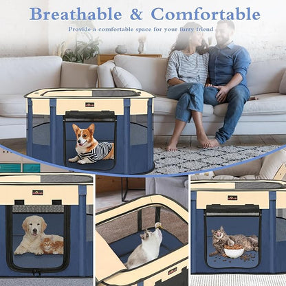 Dog Playpen, Pet Playpen, Foldable Kitten cage Puppy Play Pen, Portable Dog Kennel Tent Crate, Indoor Outdoor Travel Camping Use for Small Animals with Carrying Case (Blue M)