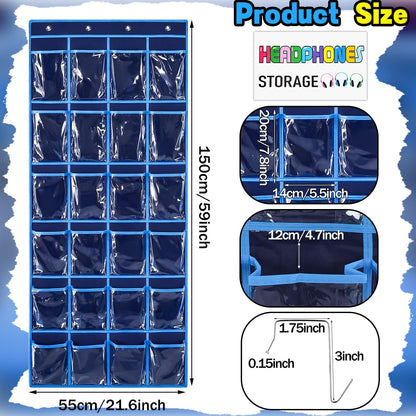 Maasechs Classroom Headphone Storage Organizer 24 PVC Clear Over The Door Hanging Classroom Headphone Holder Pocket with 4 Hooks for School Library(Blue)