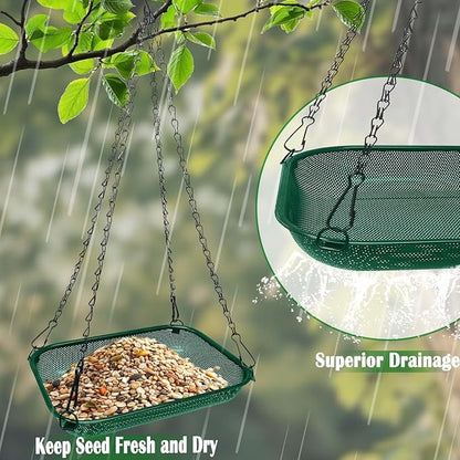 Hanging Bird Feeder for Outdoors – 12 x 8 in Rectangular Platform Bird Feeder, Metal Mesh Seed Tray for Wild Birds, Green