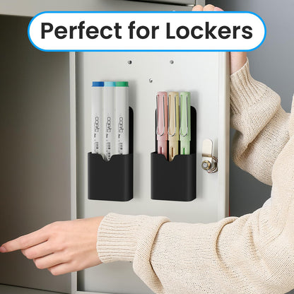 First-zgel 4 Pack Magnetic Marker Holder for Whiteboard, Wall Pen Cup Organizer for Dry Erase Markers, Pencils, Ideal for Classroom, Office, Refrigerator, and Locker (Black)