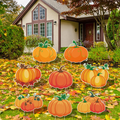 Arosche Fall Yard Signs with Stakes 8pcs Happy Fall Thanksgiving Decorations Outdoor Orange Pumpkins Harvest Garden Wall Porch Signs Seasonal Holiday Party Supplies Lawn Yard Decorations