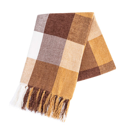 RECYCO Buffalo Paid Chenille Throw Blanket for Couch, Soft Cozy Decorative Buffalo Check Blanket Throw with Tassels for Bed Sofa, Lightweight Chenille Knitted Throw, Plaid Brown Off White, 50'' x 60''