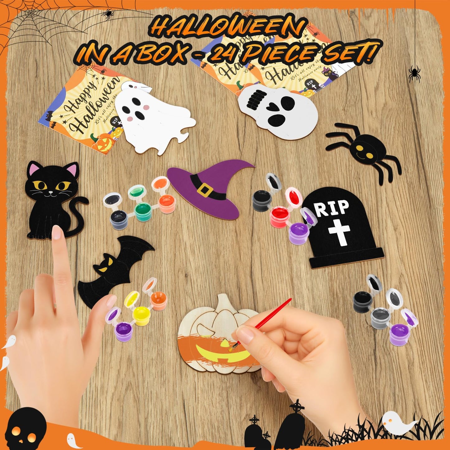 Bafeil 24-Set Halloween Painting Crafts 4", Wooden Cutouts Arts and Crafts, DIY Wooden Fridge Magnets Halloween Party Supplies, Party Favors Gifts Family School Activities Games Goodie Bag Stuffers
