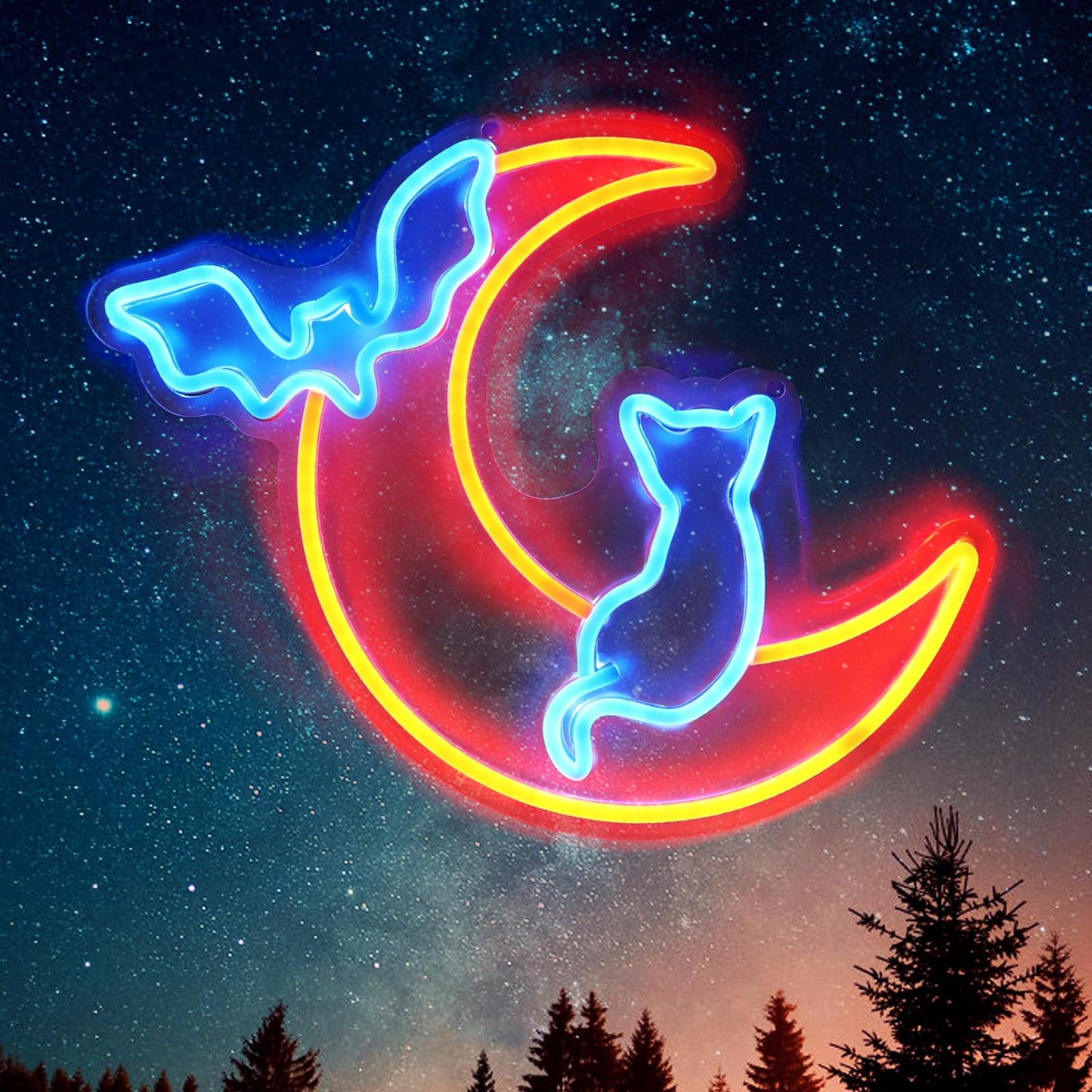 Halloween Neon Sign Wall Decor - Moon&Bat&Cat Themed Halloween LED Lights for Decorating Rooms, Windows, Doors,Party,Bright Beautiful Indoor Home Hanging Art USB Powered