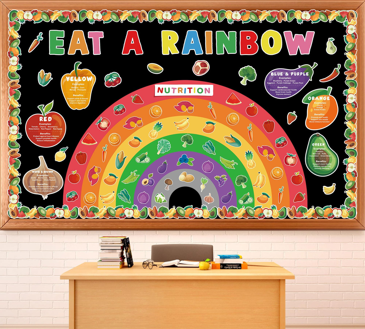Eat A Rainbow Bulletin Board Set Healthy Food Fruit Vegetable Classroom Decoration Nutrition High Fiber Foods Cutouts Healthy Eating Board Border for Back to School Chalkboard Wall Decor Supplies