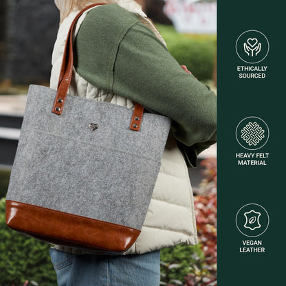 Christian Art Gifts Felt and Faux Leather Bible Tote for Women: With Metal Heart Badge, Pockets and Magnetic Button Closure, Toffee Brown and Gray, One Size Carry Bag for Books, Supplies and Shopping
