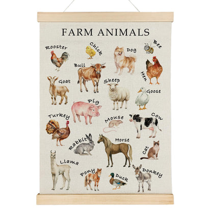 Qvapt Farm Animal Alphabet Wall Art Poster Hanger Frame, ABC Educational Farmhouse Animals Wall Art With Wooden Poster Hanger for Kids Room Nursery Playroom Classroom Decorations, 12x16 Inch