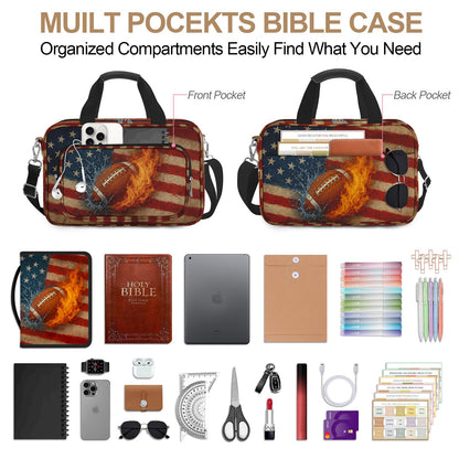 IBOVODI American Flag Football Bible Cover Case for Men Boys, Rugby Large Kids Bible Bag Book Carrying Case with Handle Zipper Pocket, Bible Study Supplies Journaling Kit Highlighters Pens Cross Clips