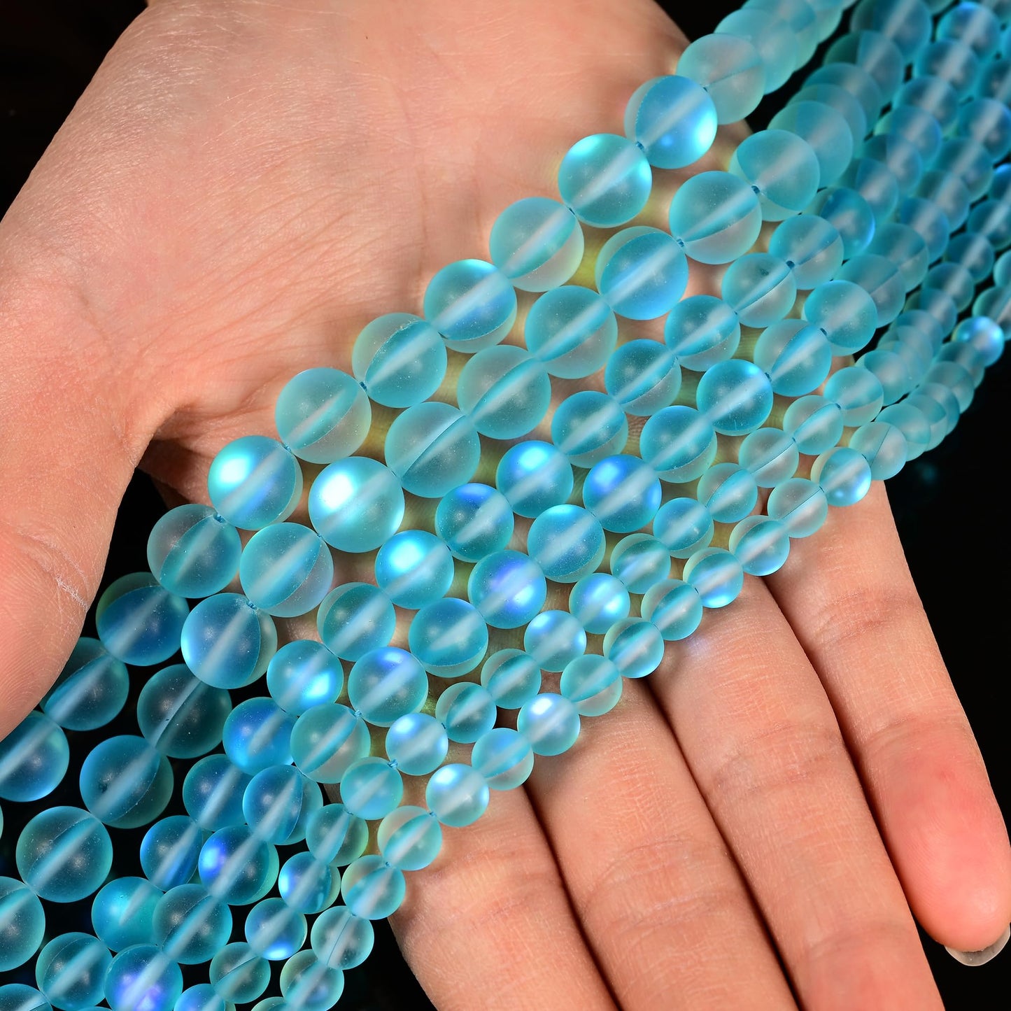 6mm Matte Aqua Blue Mermaid Aurora Crystal Glass Bead, Glitter Round Synthetic Moonstone Beads for Jewelry Making Bracelets