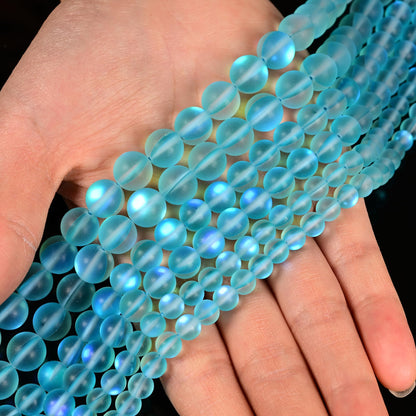 6mm Matte Aqua Blue Mermaid Aurora Crystal Glass Bead, Glitter Round Synthetic Moonstone Beads for Jewelry Making Bracelets