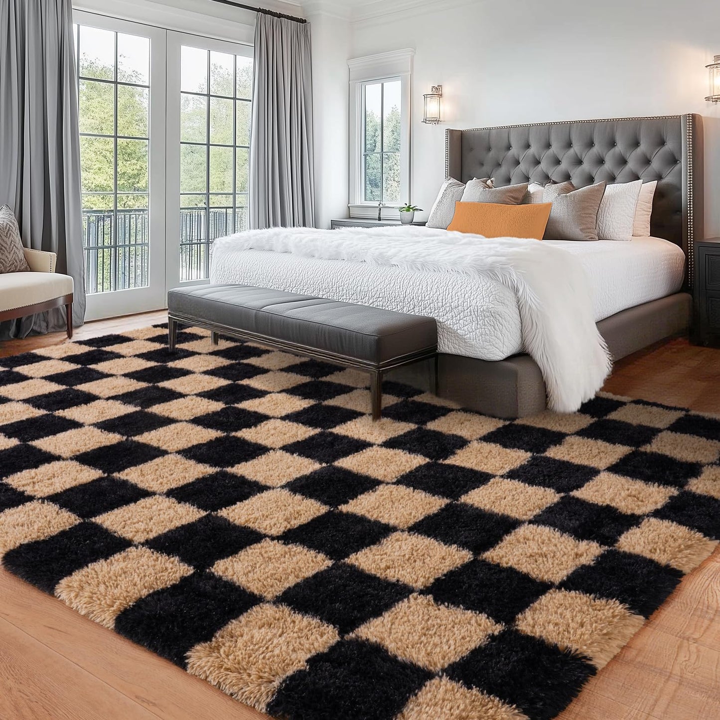 PIPABOBO Checkered Rug 4x6 for Bedroom, Fluffy Plush Area Rug Non Slip, Modern Indoor Shag Rugs for Living Room Girls Kids Room Nursery Dorm Home Decor, Black and Beige
